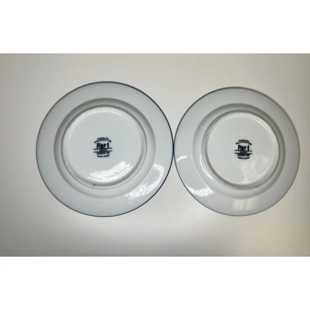 Pier 1 Ming White Cobalt Blue Salad Plate Set of 2 Leaves & Flowers Asian Glossy